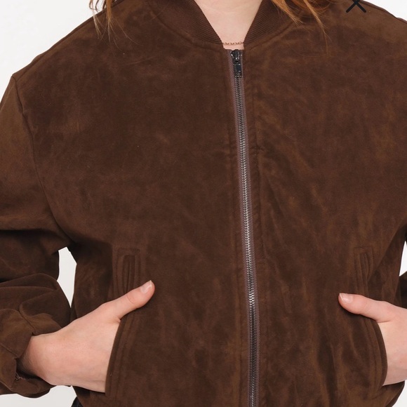 Petal & Pup Chocolate Brown Faux Suede Bomber Jacket # - Picture 3 of 11